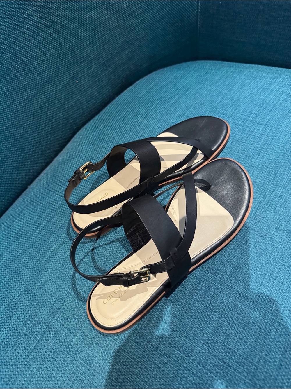 Cole Haan Black and Tan Leather Strappy Slingback Sandals